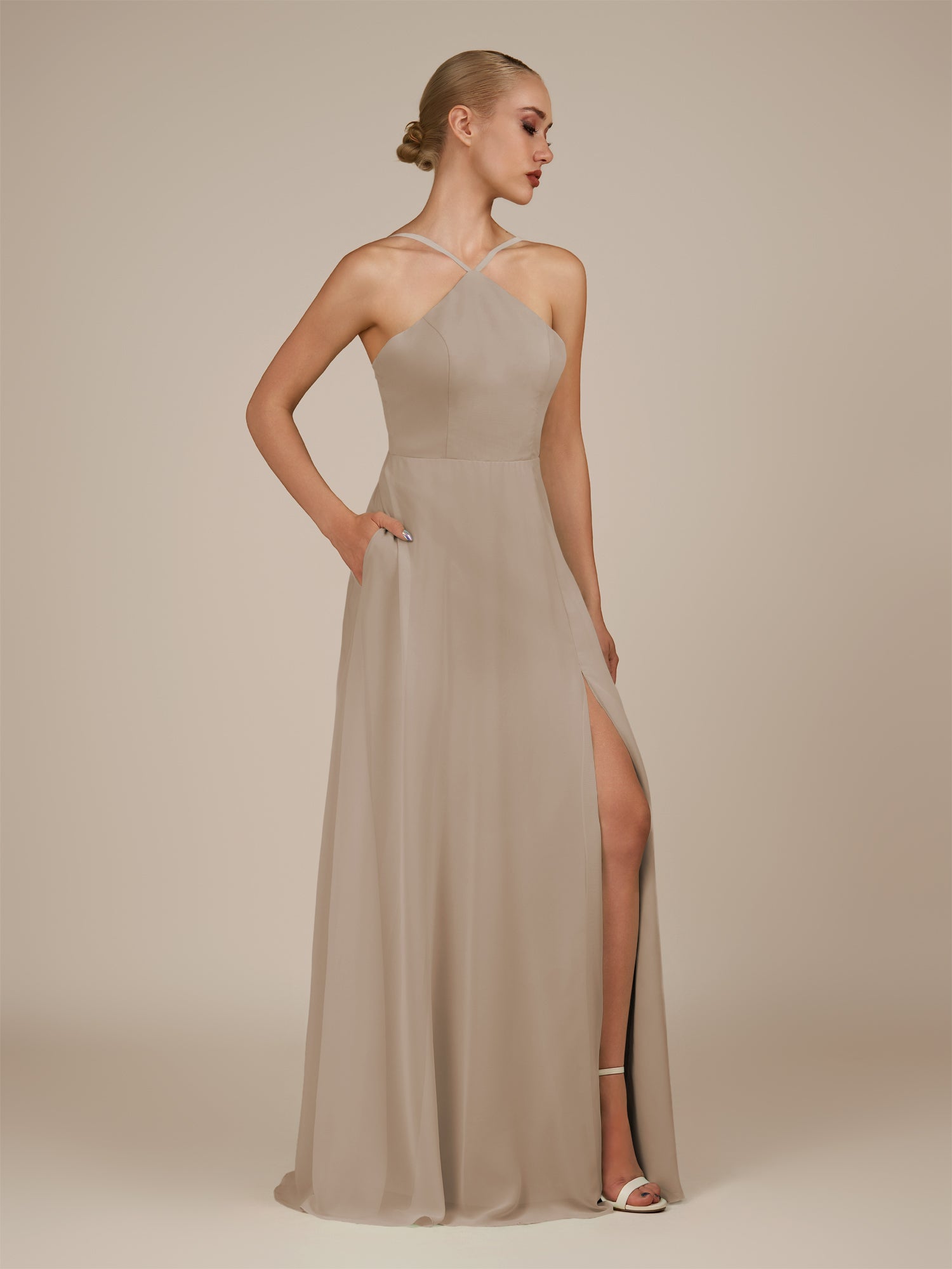KissDress-Ione Almond A Line Chiffon Halter Neck Long Bridesmaid Dress with Slit