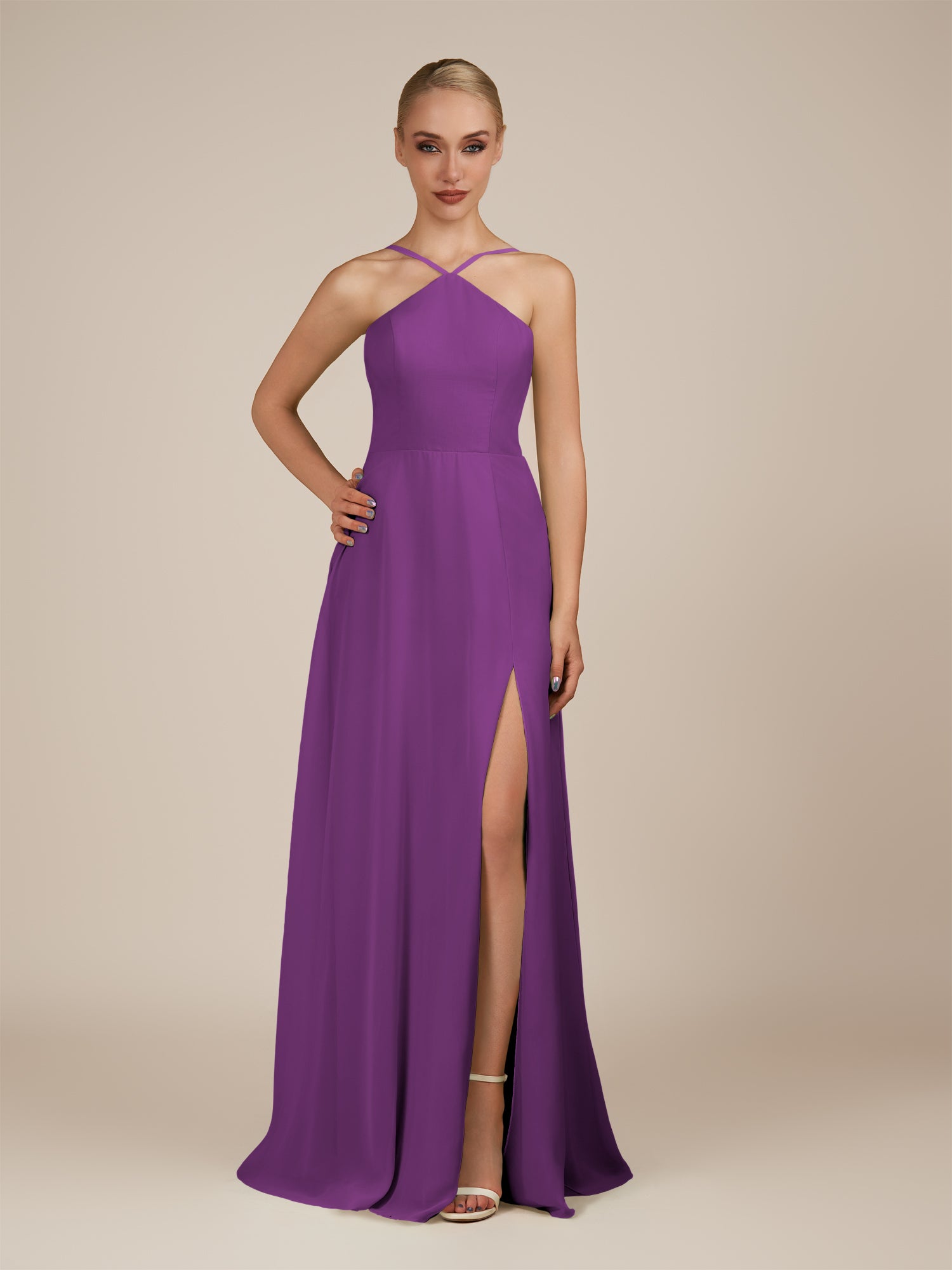 KissDress-Ione Amethyst A Line Chiffon Halter Neck Long Bridesmaid Dress with Slit