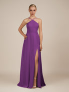 KissDress-Ione Amethyst A Line Chiffon Halter Neck Long Bridesmaid Dress with Slit