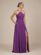 KissDress-Ione Amethyst A Line Chiffon Halter Neck Long Bridesmaid Dress with Slit