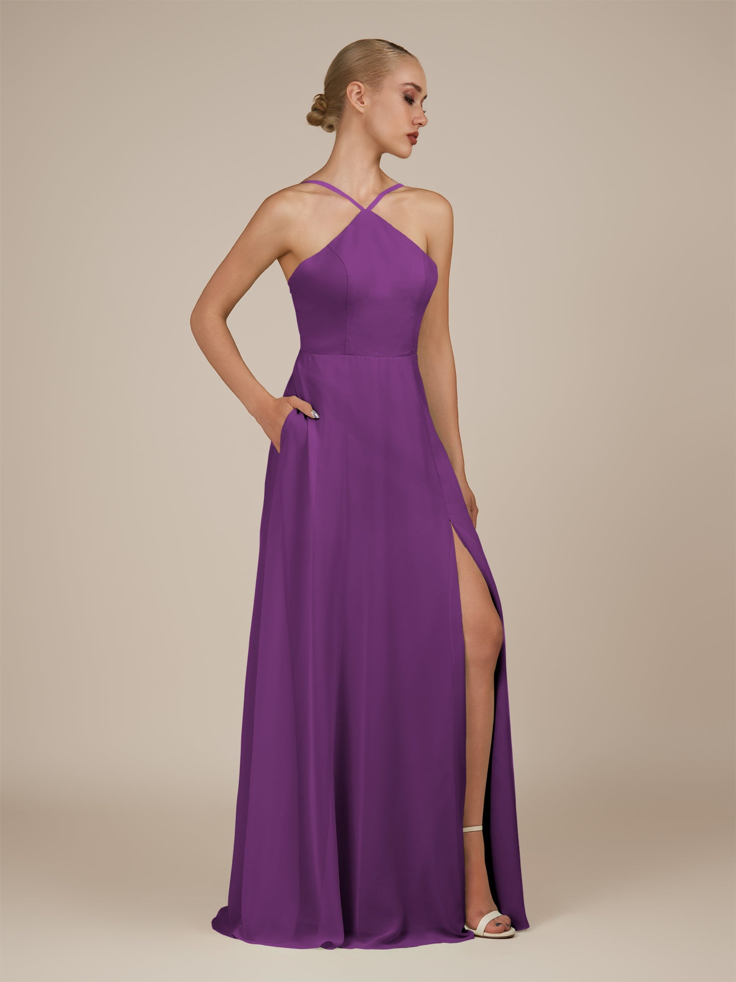KissDress-Ione Amethyst A Line Chiffon Halter Neck Long Bridesmaid Dress with Slit