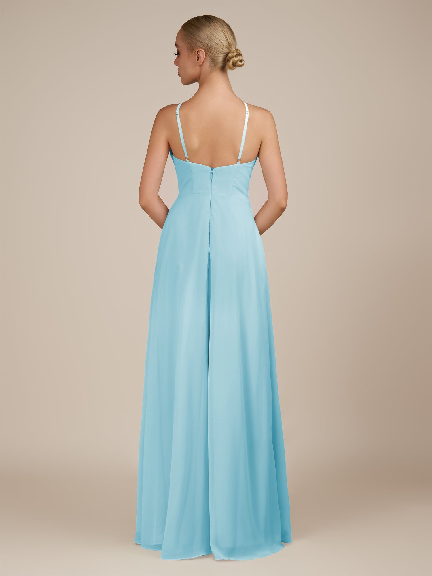 KissDress-Ione Aqua A Line Chiffon Halter Neck Long Bridesmaid Dress with Slit