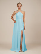 KissDress-Ione Aqua A Line Chiffon Halter Neck Long Bridesmaid Dress with Slit