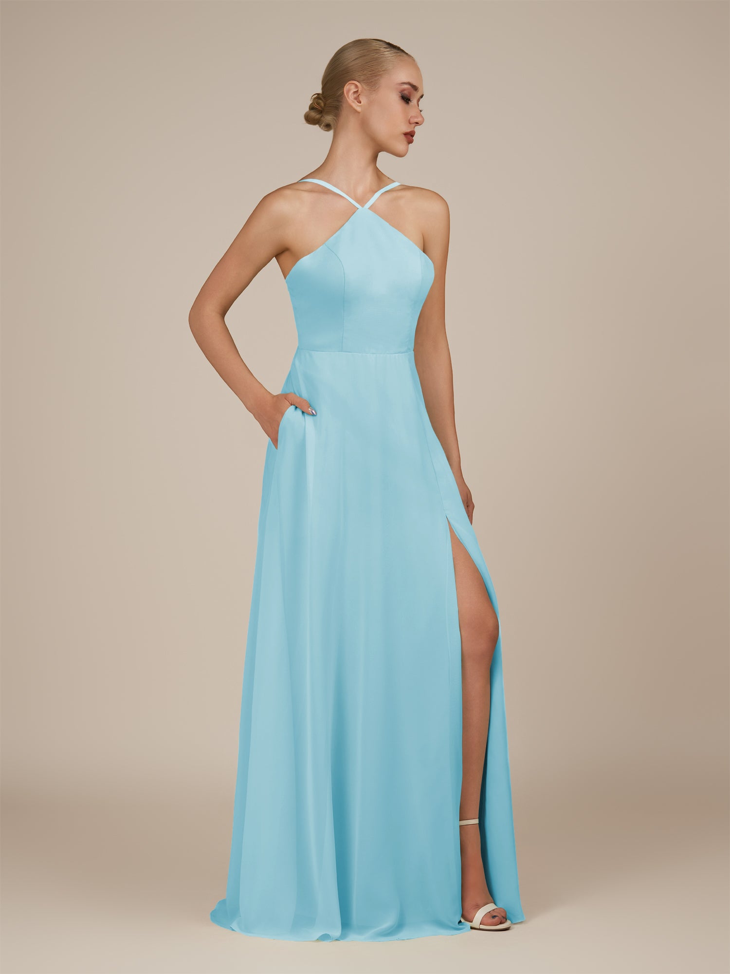 KissDress-Ione Aqua A Line Chiffon Halter Neck Long Bridesmaid Dress with Slit