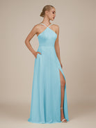 KissDress-Ione Aqua A Line Chiffon Halter Neck Long Bridesmaid Dress with Slit