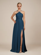 KissDress-Ione Bermuda A Line Chiffon Halter Neck Long Bridesmaid Dress with Slit
