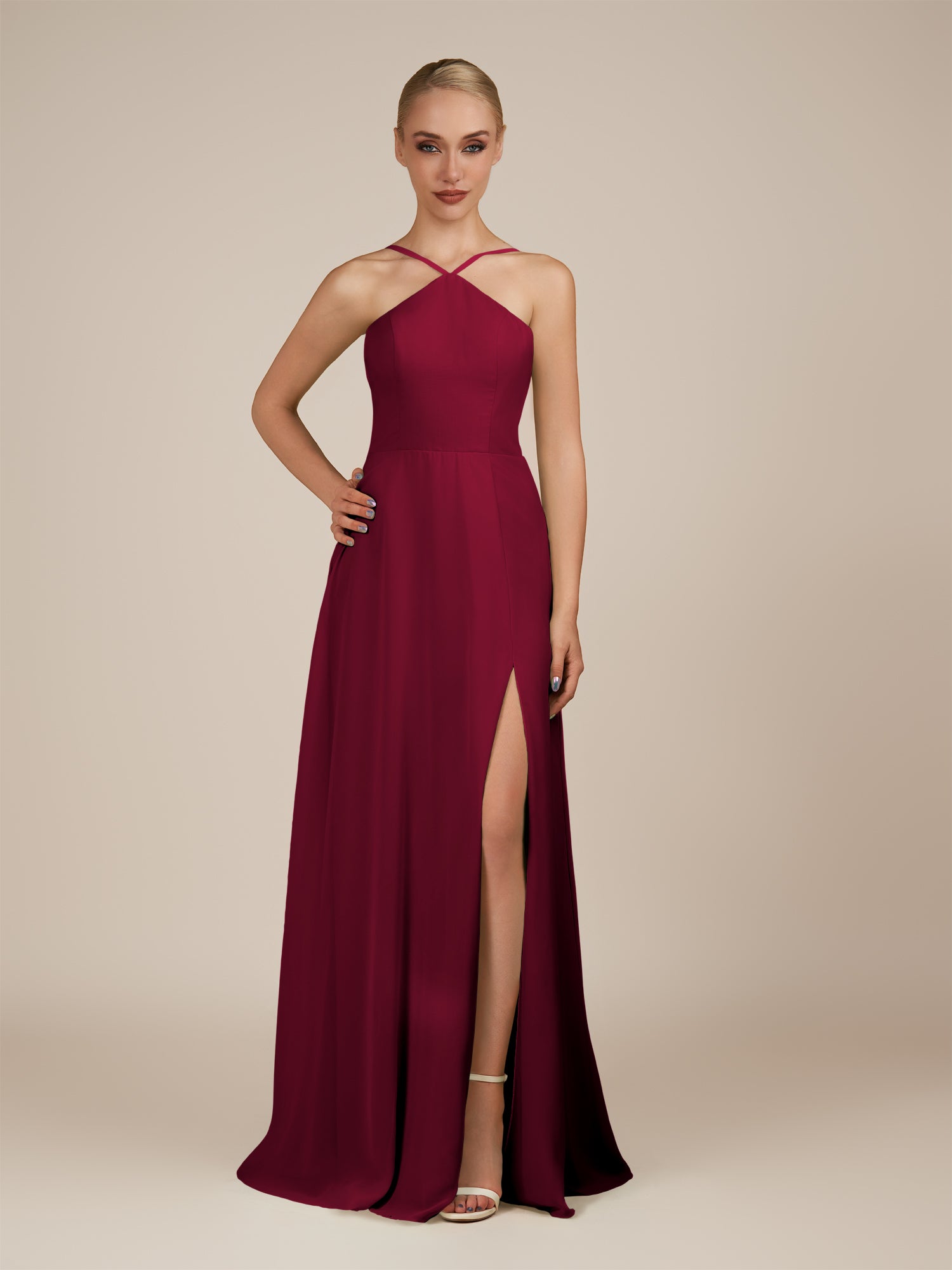 KissDress-Ione Berry A Line Chiffon Halter Neck Long Bridesmaid Dress with Slit