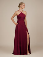 KissDress-Ione Berry A Line Chiffon Halter Neck Long Bridesmaid Dress with Slit