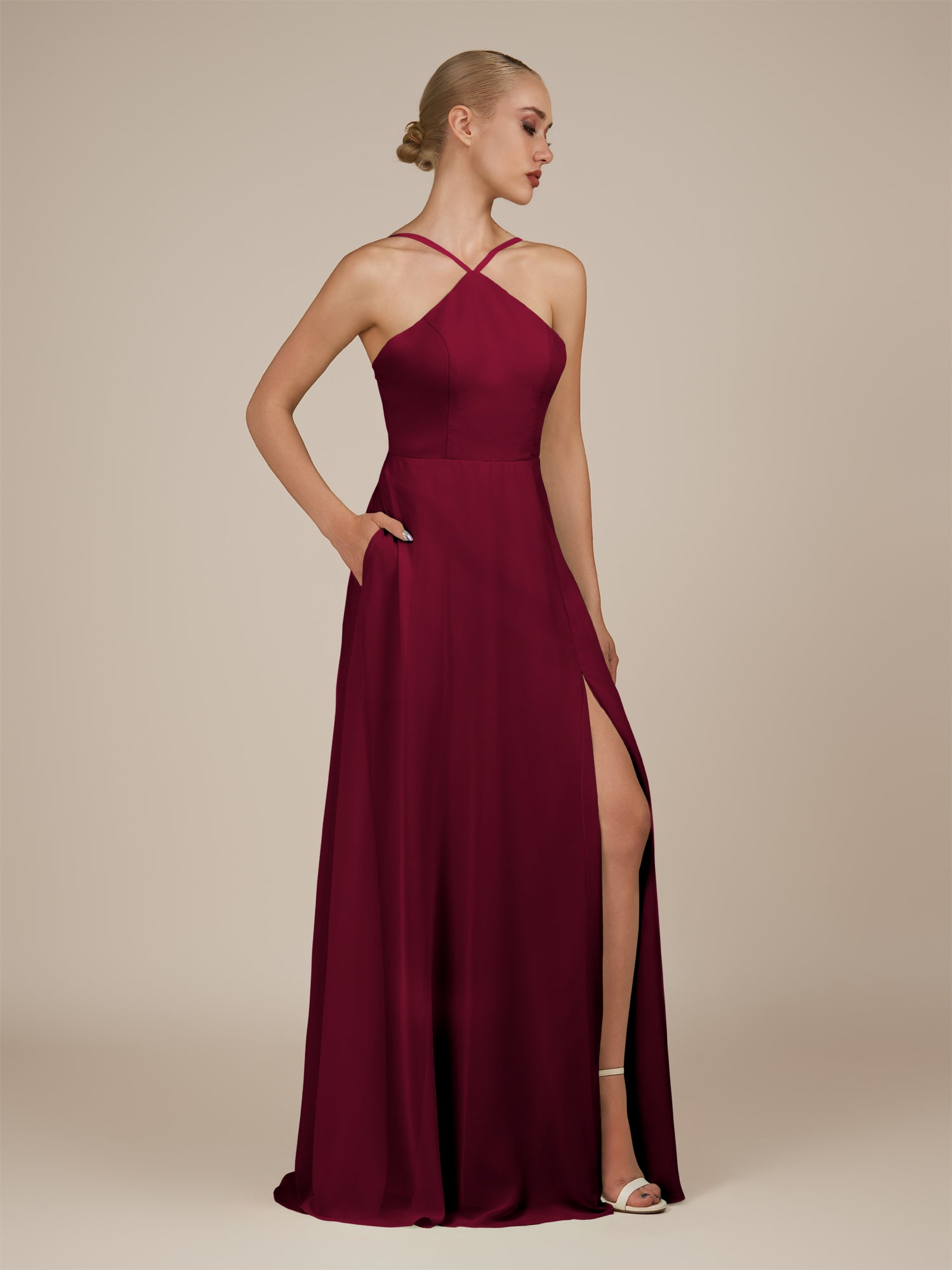 KissDress-Ione Berry A Line Chiffon Halter Neck Long Bridesmaid Dress with Slit