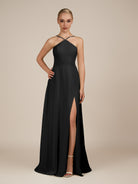 KissDress-Ione Black A Line Chiffon Halter Neck Long Bridesmaid Dress with Slit