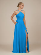 KissDress-Ione Blue Jay A Line Chiffon Halter Neck Long Bridesmaid Dress with Slit