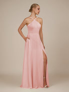 KissDress-Ione Blush Pink A Line Chiffon Halter Neck Long Bridesmaid Dress with Slit
