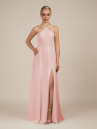 KissDress-Ione Blush Pink A Line Chiffon Halter Neck Long Bridesmaid Dress with Slit