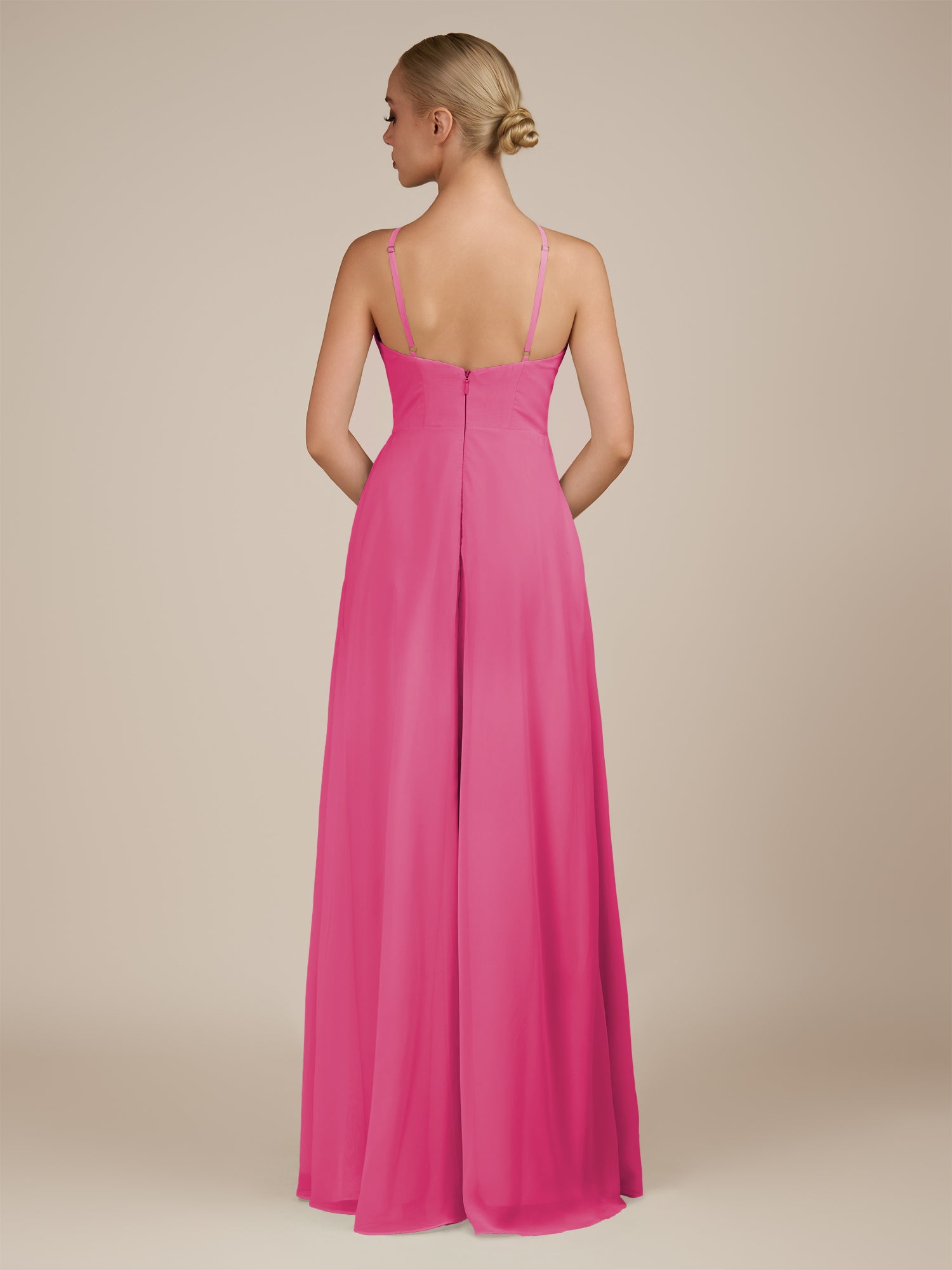 KissDress-Ione BonBon Pink A Line Chiffon Halter Neck Long Bridesmaid Dress with Slit