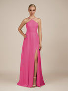 KissDress-Ione BonBon Pink A Line Chiffon Halter Neck Long Bridesmaid Dress with Slit
