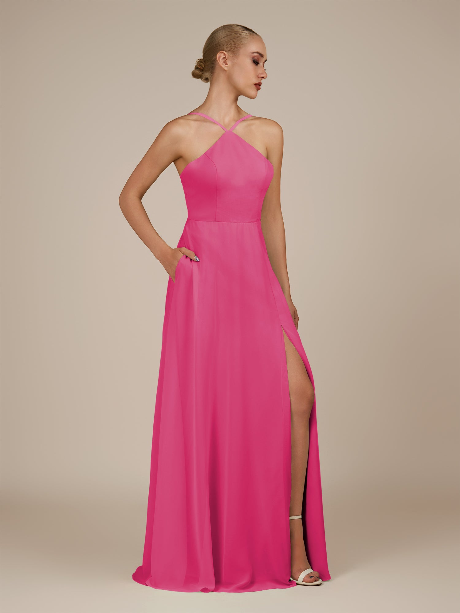 KissDress-Ione BonBon Pink A Line Chiffon Halter Neck Long Bridesmaid Dress with Slit