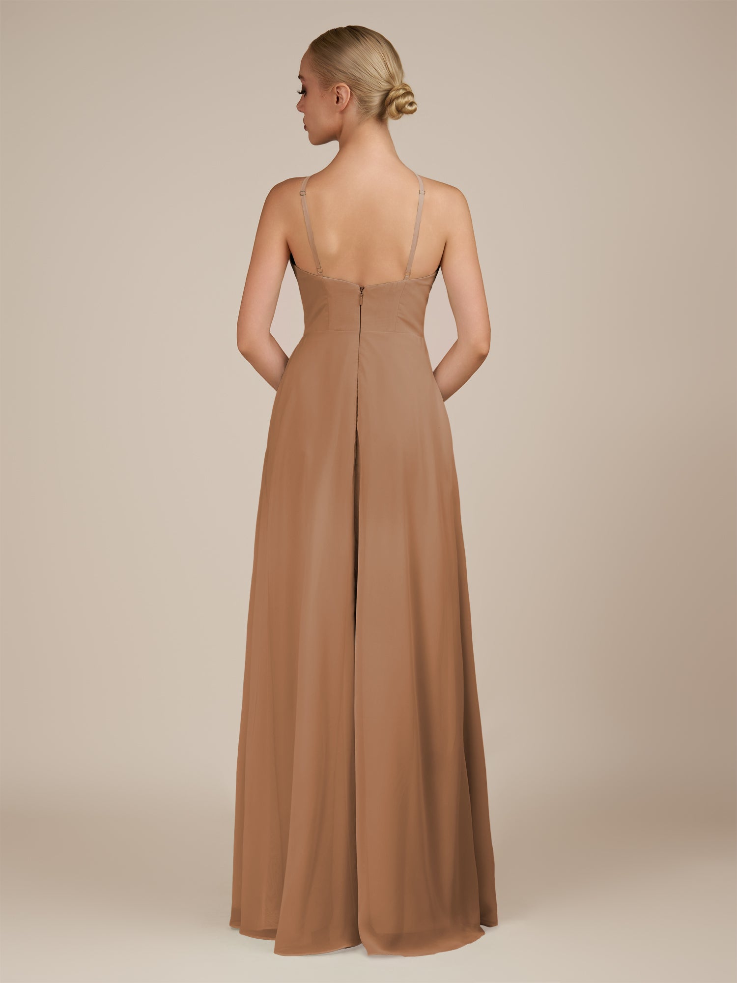 KissDress-Ione Bronzer A Line Chiffon Halter Neck Long Bridesmaid Dress with Slit
