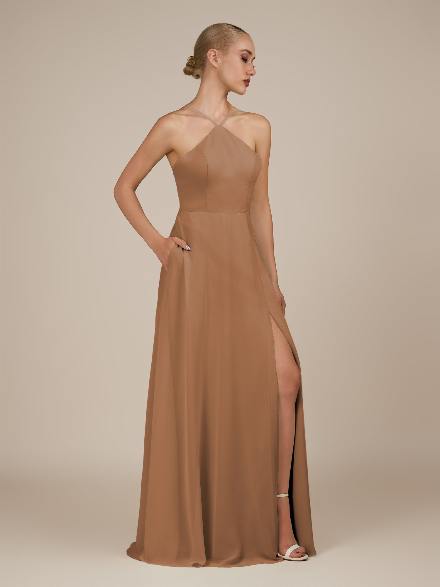 KissDress-Ione Bronzer A Line Chiffon Halter Neck Long Bridesmaid Dress with Slit