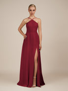 KissDress-Ione Burgundy A Line Chiffon Halter Neck Long Bridesmaid Dress with Slit