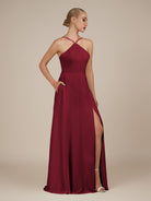 KissDress-Ione Burgundy A Line Chiffon Halter Neck Long Bridesmaid Dress with Slit