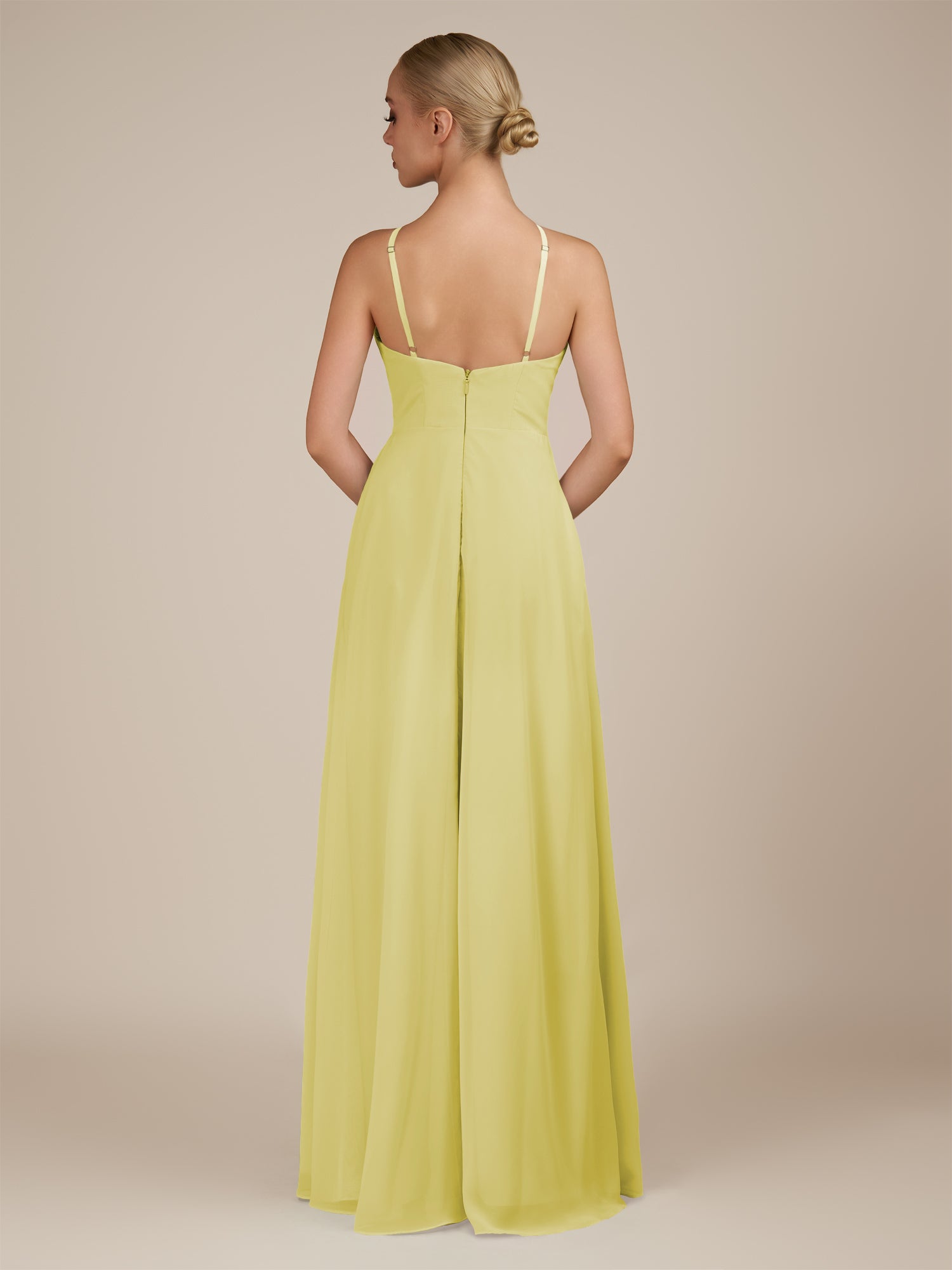 KissDress-Ione Buttercup A Line Chiffon Halter Neck Long Bridesmaid Dress with Slit