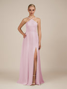 KissDress-Ione Candy Pink A Line Chiffon Halter Neck Long Bridesmaid Dress with Slit