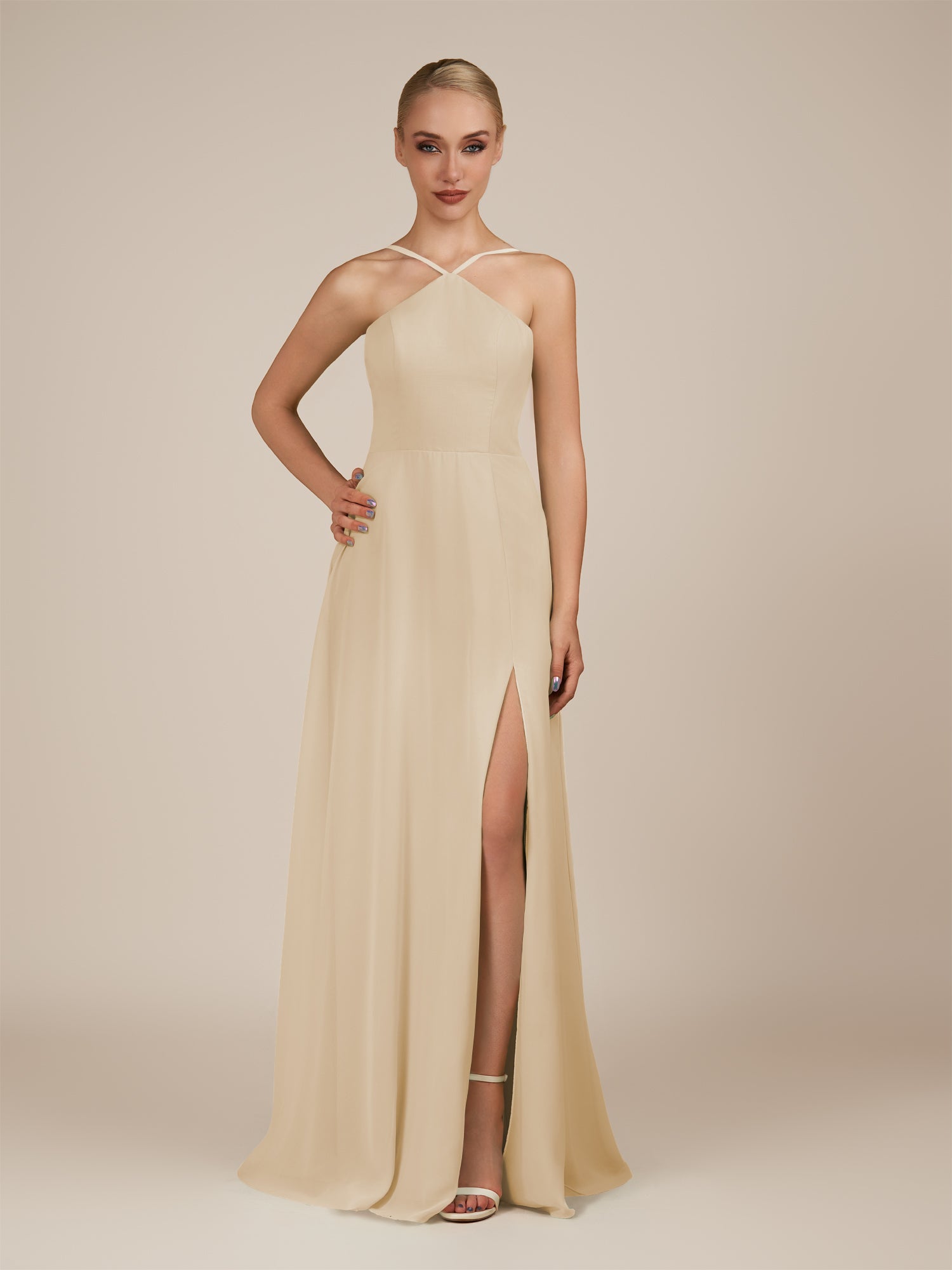 KissDress-Ione Champagne A Line Chiffon Halter Neck Long Bridesmaid Dress with Slit