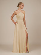 KissDress-Ione Champagne A Line Chiffon Halter Neck Long Bridesmaid Dress with Slit