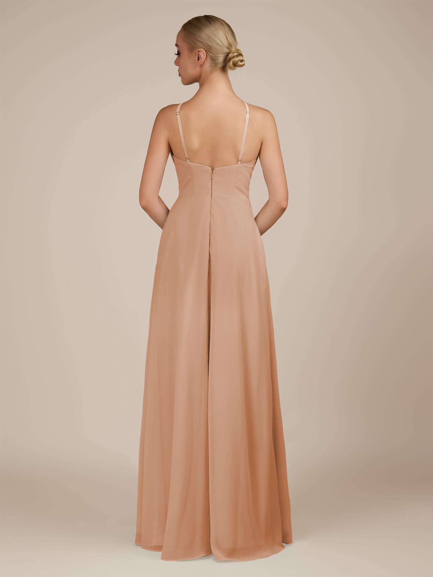 KissDress-Ione Champagne Rose A Line Chiffon Halter Neck Long Bridesmaid Dress with Slit