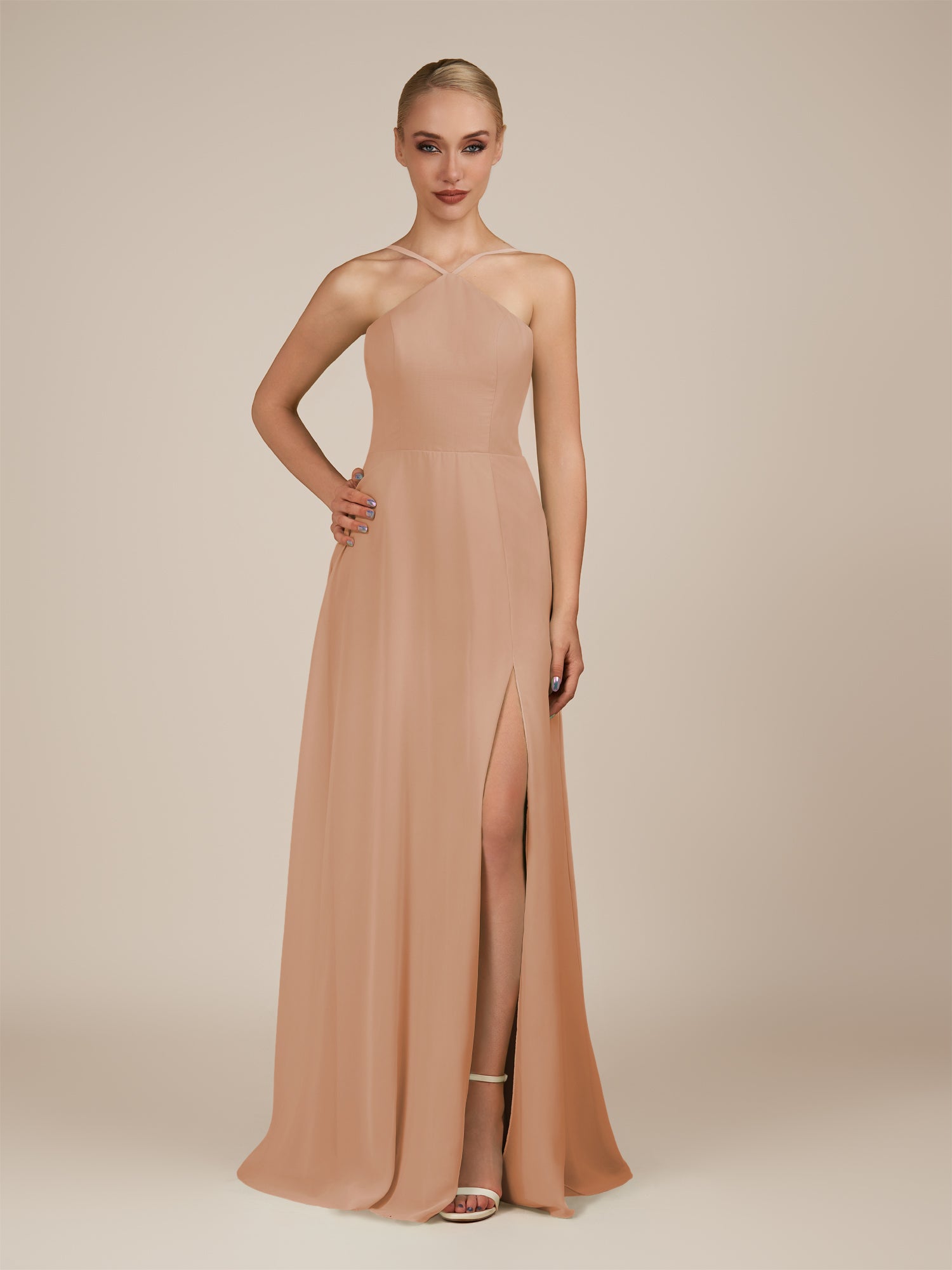 KissDress-Ione Champagne Rose A Line Chiffon Halter Neck Long Bridesmaid Dress with Slit