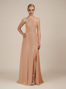KissDress-Ione Champagne Rose A Line Chiffon Halter Neck Long Bridesmaid Dress with Slit
