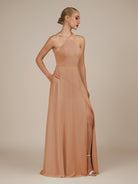 KissDress-Ione Champagne Rose A Line Chiffon Halter Neck Long Bridesmaid Dress with Slit