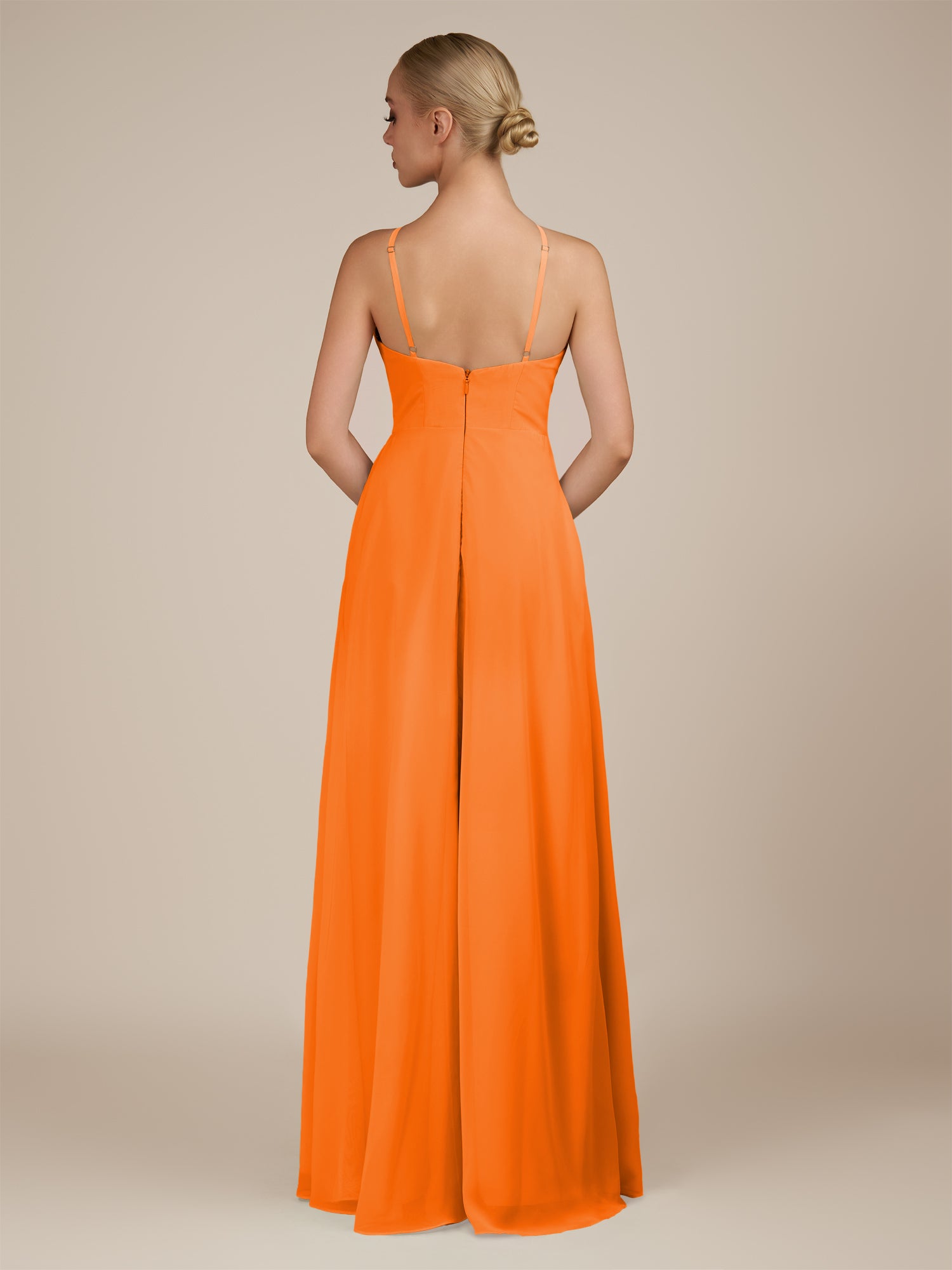 KissDress-Ione Cinnamon A Line Chiffon Halter Neck Long Bridesmaid Dress with Slit