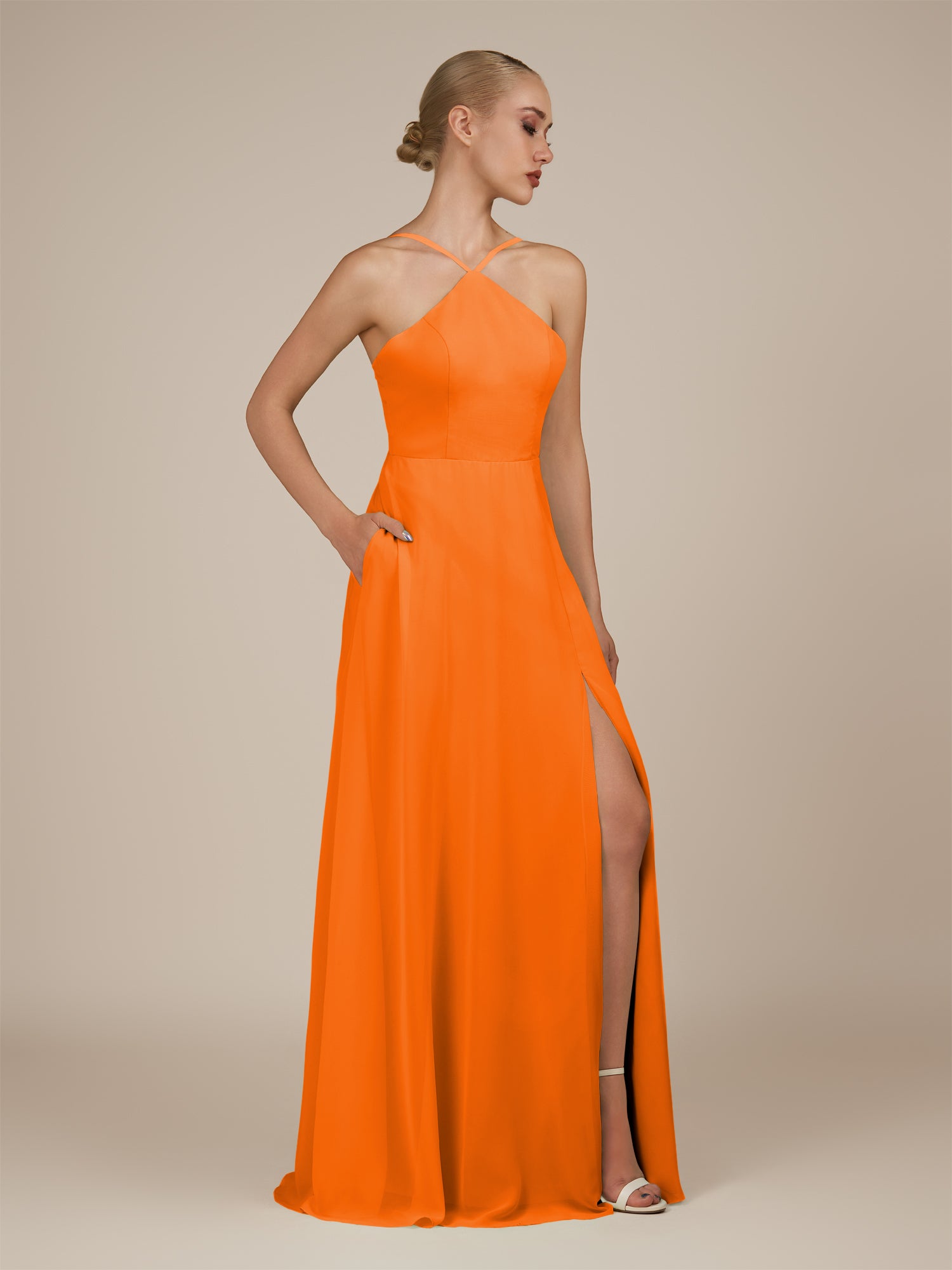KissDress-Ione Cinnamon A Line Chiffon Halter Neck Long Bridesmaid Dress with Slit