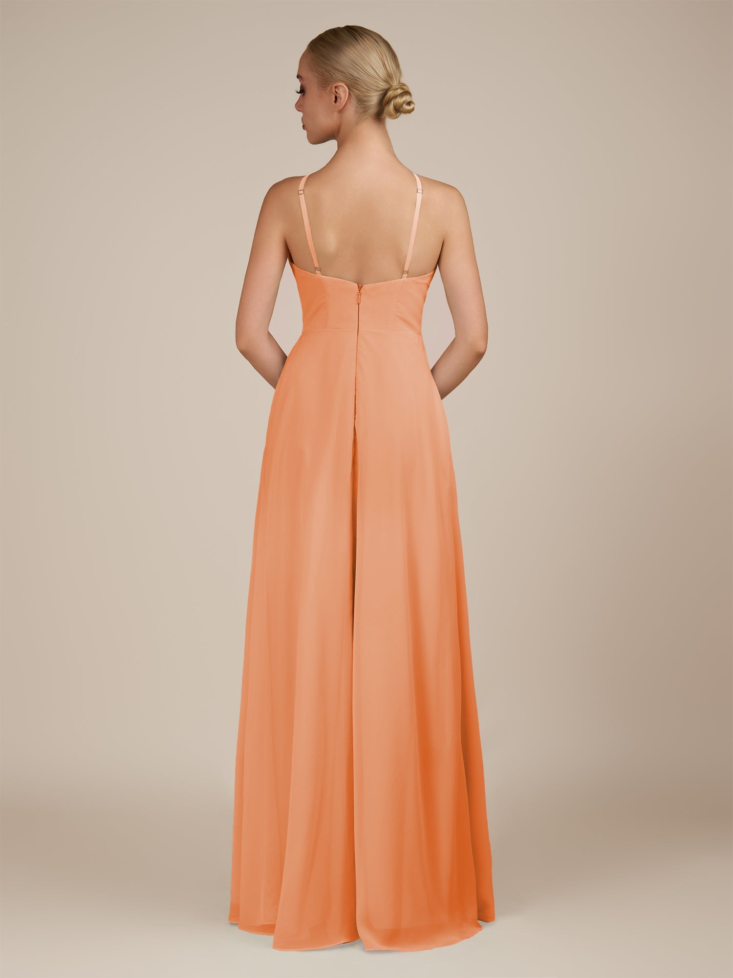 KissDress-Ione Coral A Line Chiffon Halter Neck Long Bridesmaid Dress with Slit