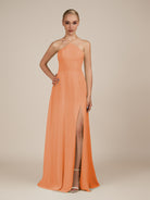 KissDress-Ione Coral A Line Chiffon Halter Neck Long Bridesmaid Dress with Slit