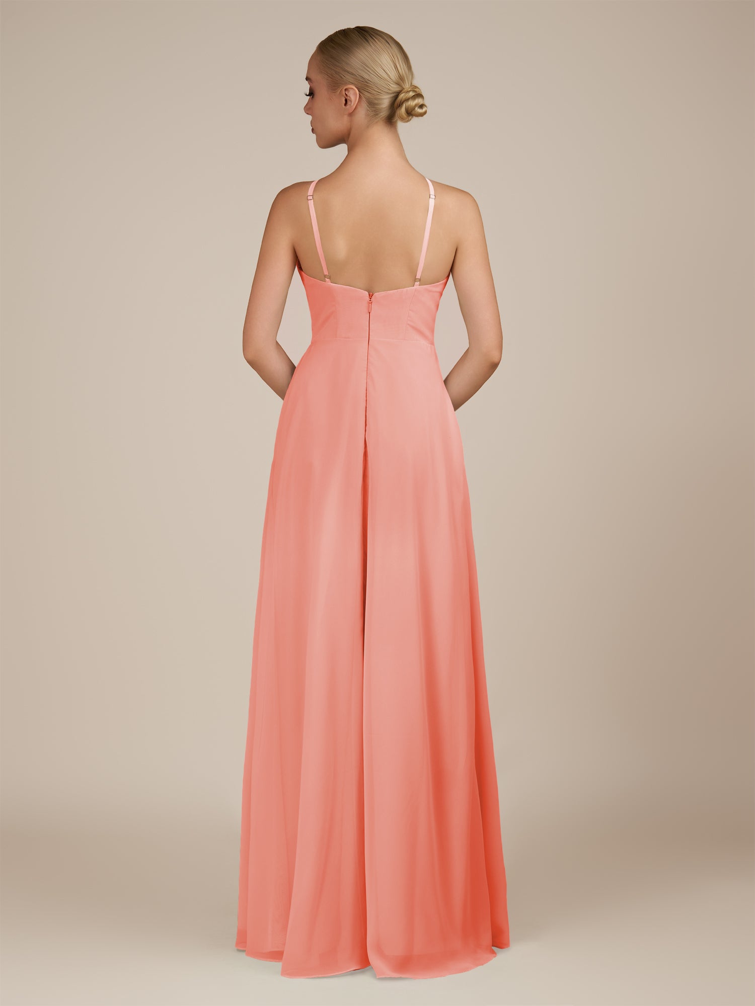 KissDress-Ione Coral Pink A Line Chiffon Halter Neck Long Bridesmaid Dress with Slit