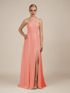 KissDress-Ione Coral Pink A Line Chiffon Halter Neck Long Bridesmaid Dress with Slit