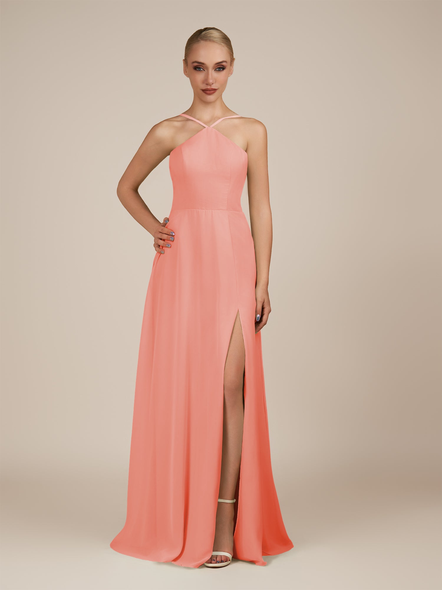 KissDress-Ione Coral Pink A Line Chiffon Halter Neck Long Bridesmaid Dress with Slit