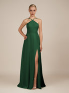 KissDress-Ione Dark Green A Line Chiffon Halter Neck Long Bridesmaid Dress with Slit