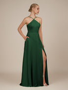 KissDress-Ione Dark Green A Line Chiffon Halter Neck Long Bridesmaid Dress with Slit