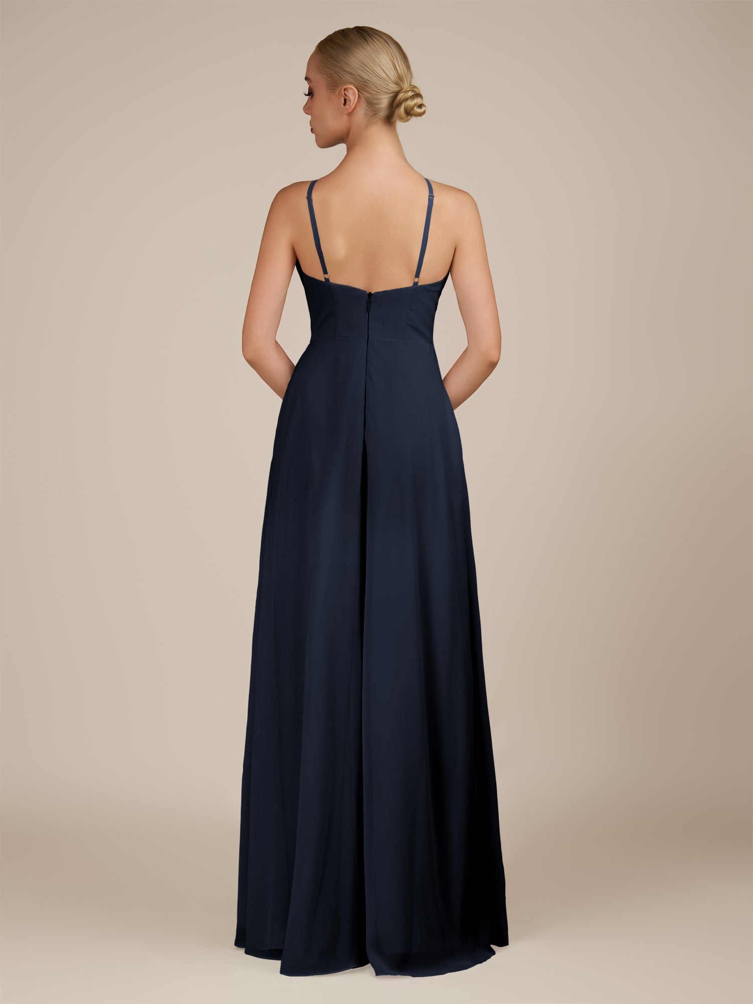 KissDress-Ione Dark Navy A Line Chiffon Halter Neck Long Bridesmaid Dress with Slit