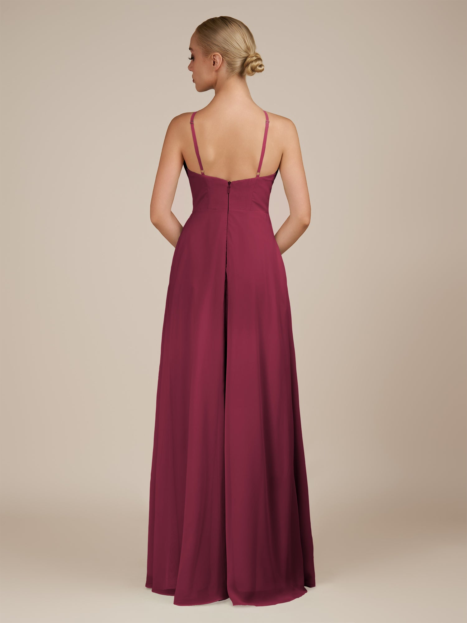 KissDress-Ione Desert Rose A Line Chiffon Halter Neck Long Bridesmaid Dress with Slit