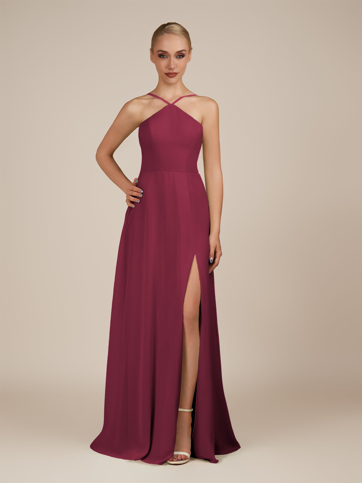 KissDress-Ione Desert Rose A Line Chiffon Halter Neck Long Bridesmaid Dress with Slit