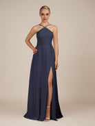 KissDress-Ione Dusk Blue A Line Chiffon Halter Neck Long Bridesmaid Dress with Slit