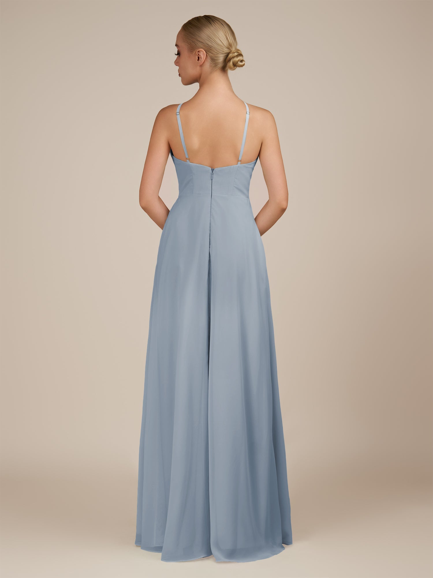 KissDress-Ione Dusty Blue A Line Chiffon Halter Neck Long Bridesmaid Dress with Slit