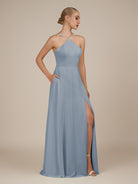 KissDress-Ione Dusty Blue A Line Chiffon Halter Neck Long Bridesmaid Dress with Slit