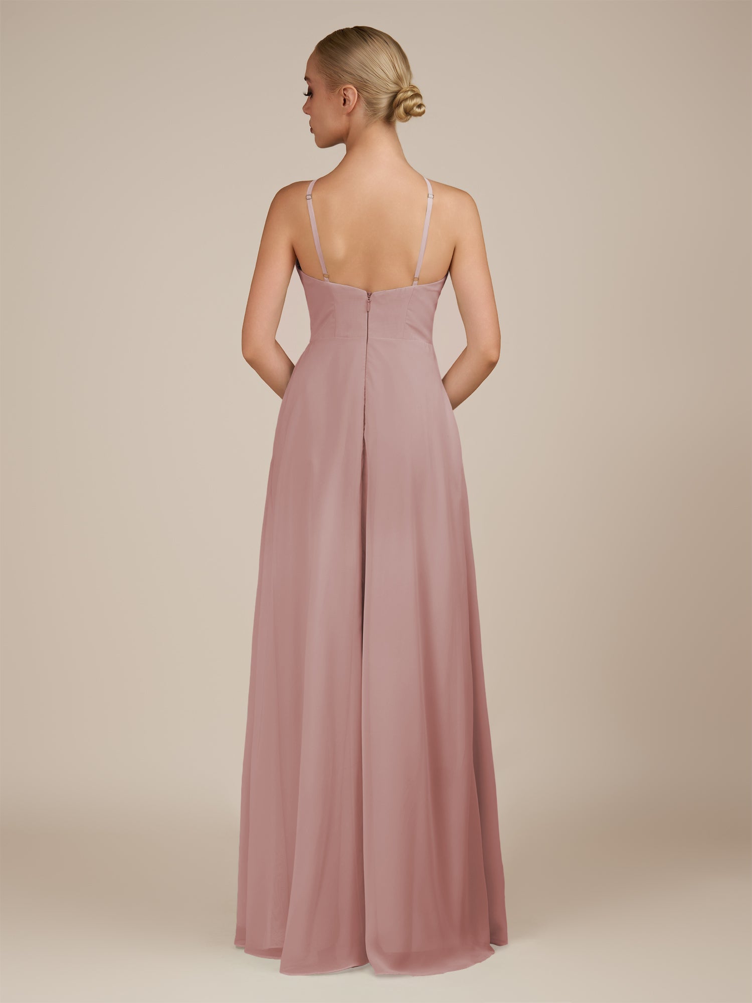 KissDress-Ione Dusty Rose A Line Chiffon Halter Neck Long Bridesmaid Dress with Slit
