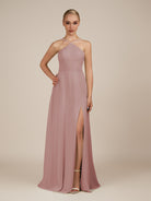 KissDress-Ione Dusty Rose A Line Chiffon Halter Neck Long Bridesmaid Dress with Slit