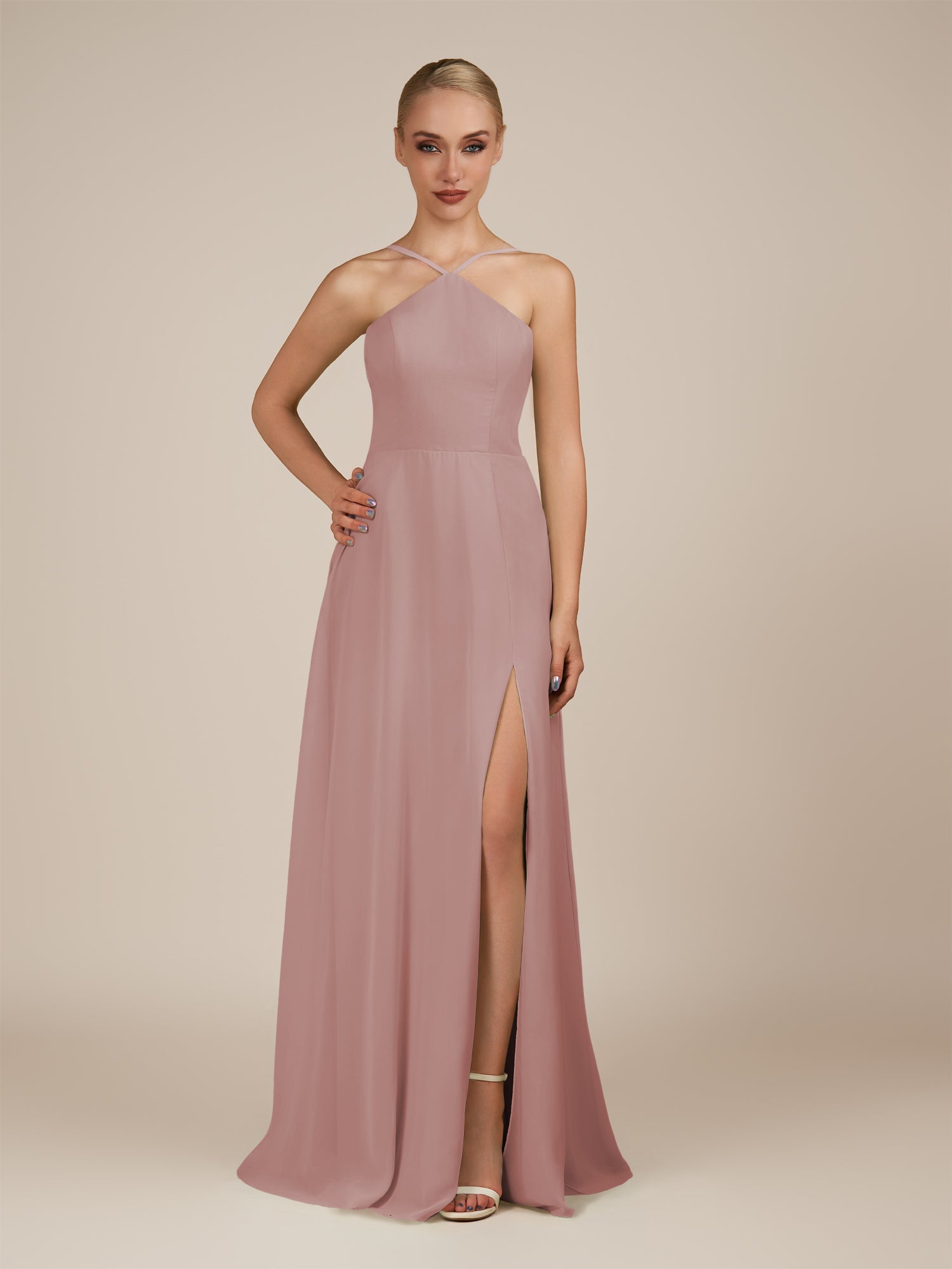 KissDress-Ione Dusty Rose A Line Chiffon Halter Neck Long Bridesmaid Dress with Slit